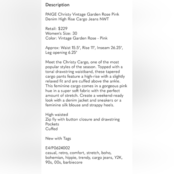 PAIGE CHRISTY VINTAGE GARDEN ROSE PINK DENIM HIGH RISE CARGO JEANS NWT SIZE 10 - Picture 13 of 13